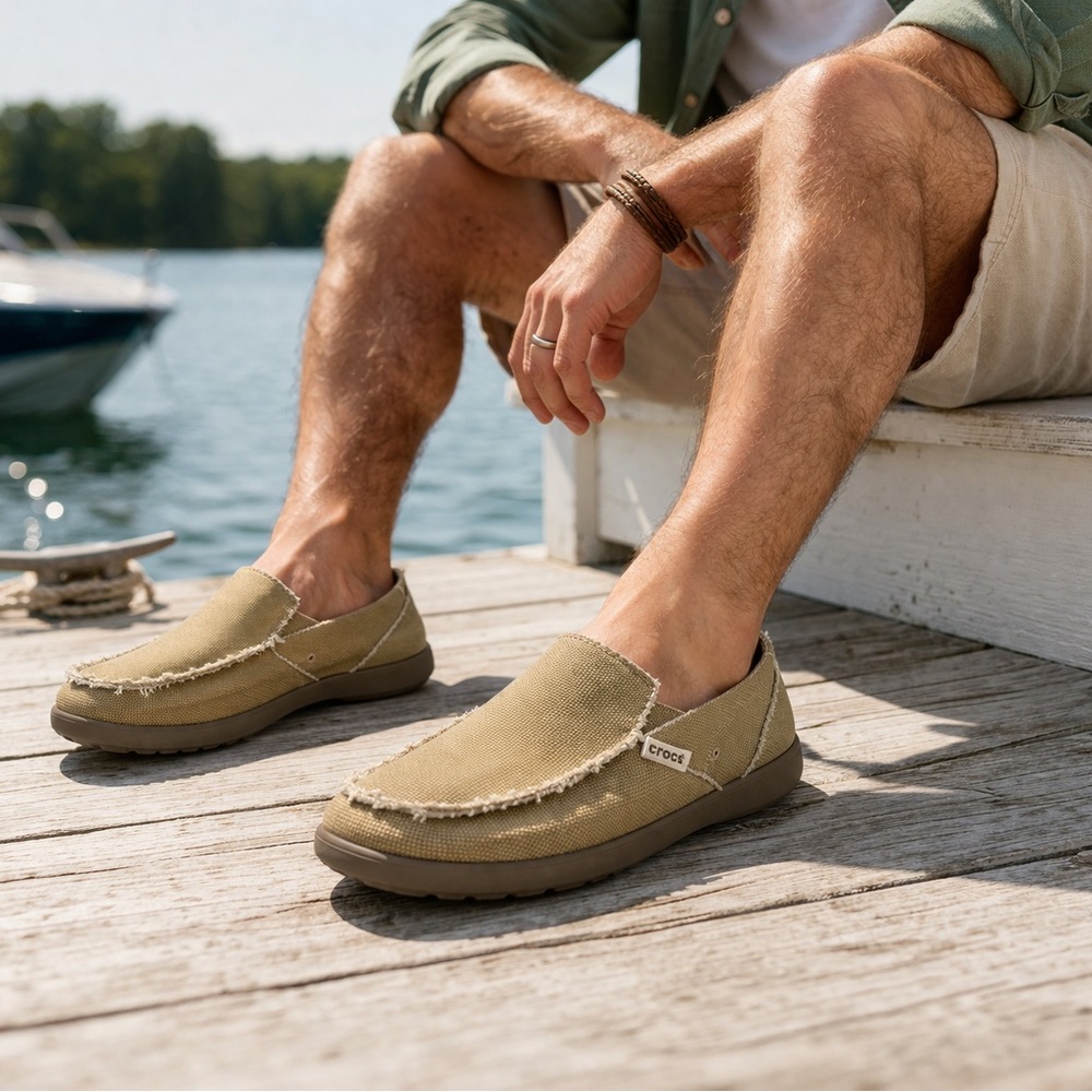 Crocs Santa Cruz Canvas Loafers Men’s 12 Tan Slip On Casual Comfort Shoes - Picture 2 of 15